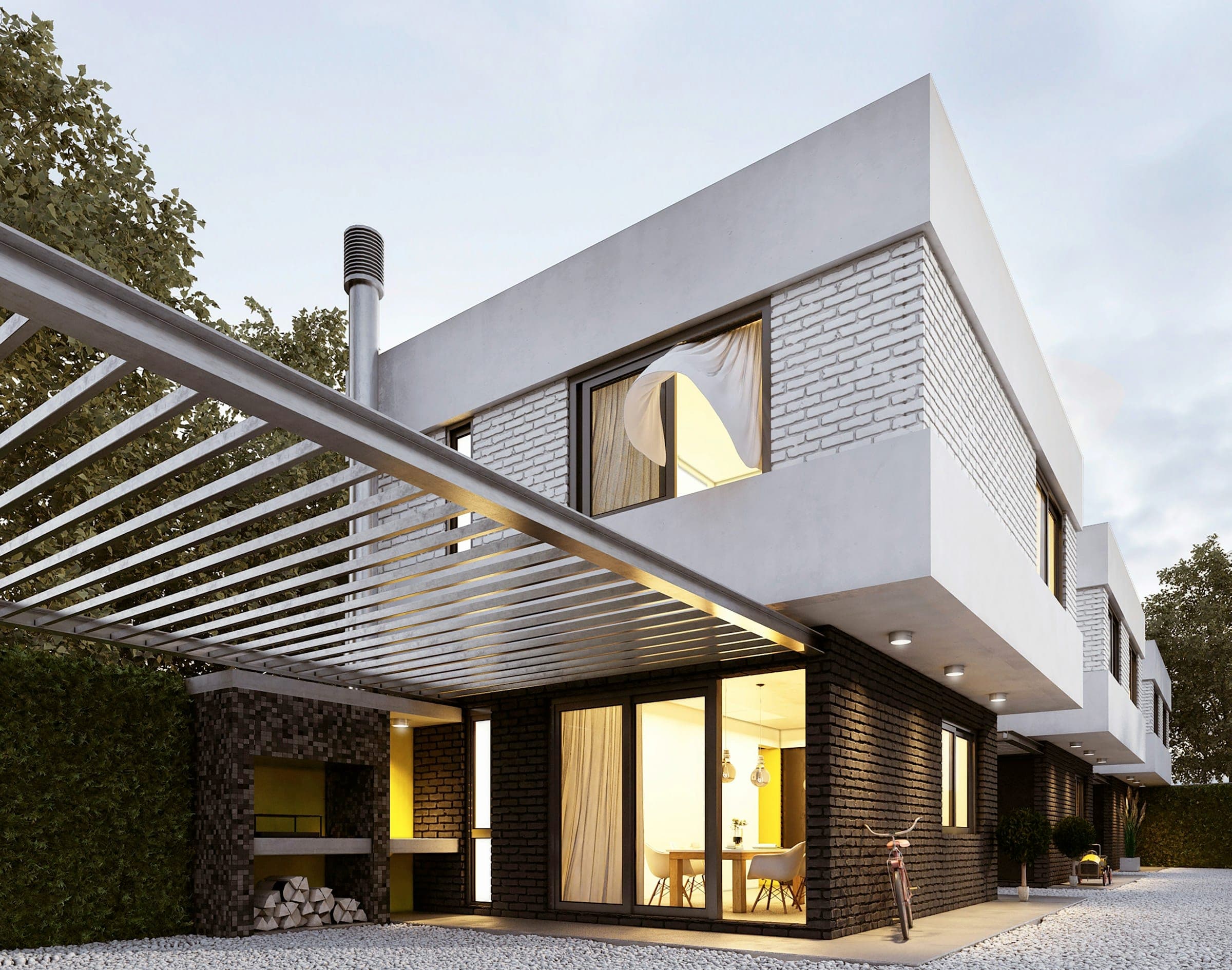 Maison contemporaine avec pergola et façade blanche